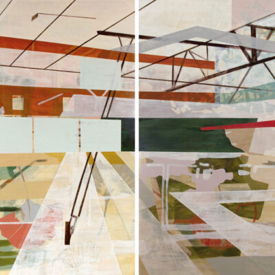 "Relocate", acrylic on panel, 2024, 72x48" diptych, $6000.